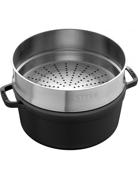 COCOTTE EN FONTE STAUB RONDE NOIRE AVEC PANIER VAPEUR 26 CM
